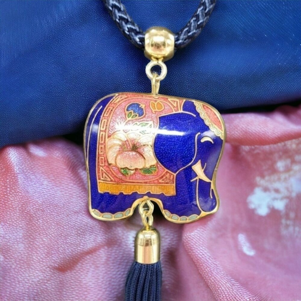Vtg Cloisonne Elephant Puff Pendant Necklace Tassle Blue Pink 24" double sided
